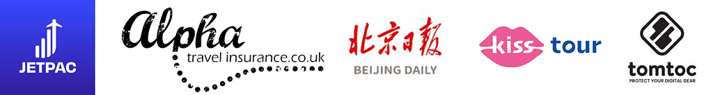 More logos of travel and lifestyle brands partnered with Two Brits On The Go, including Jetpac E-SIM, Beijing Daily Media, and Alpha Travel Insurance.