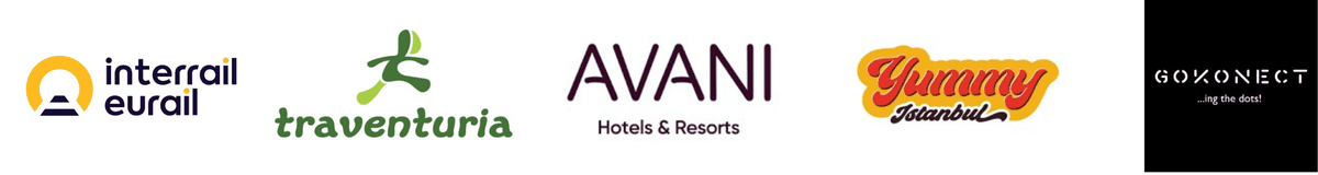Logos of travel and lifestyle brands partnered with Two Brits On The Go, including Interrail, Avani Hotels, and Yummy Istanbul.