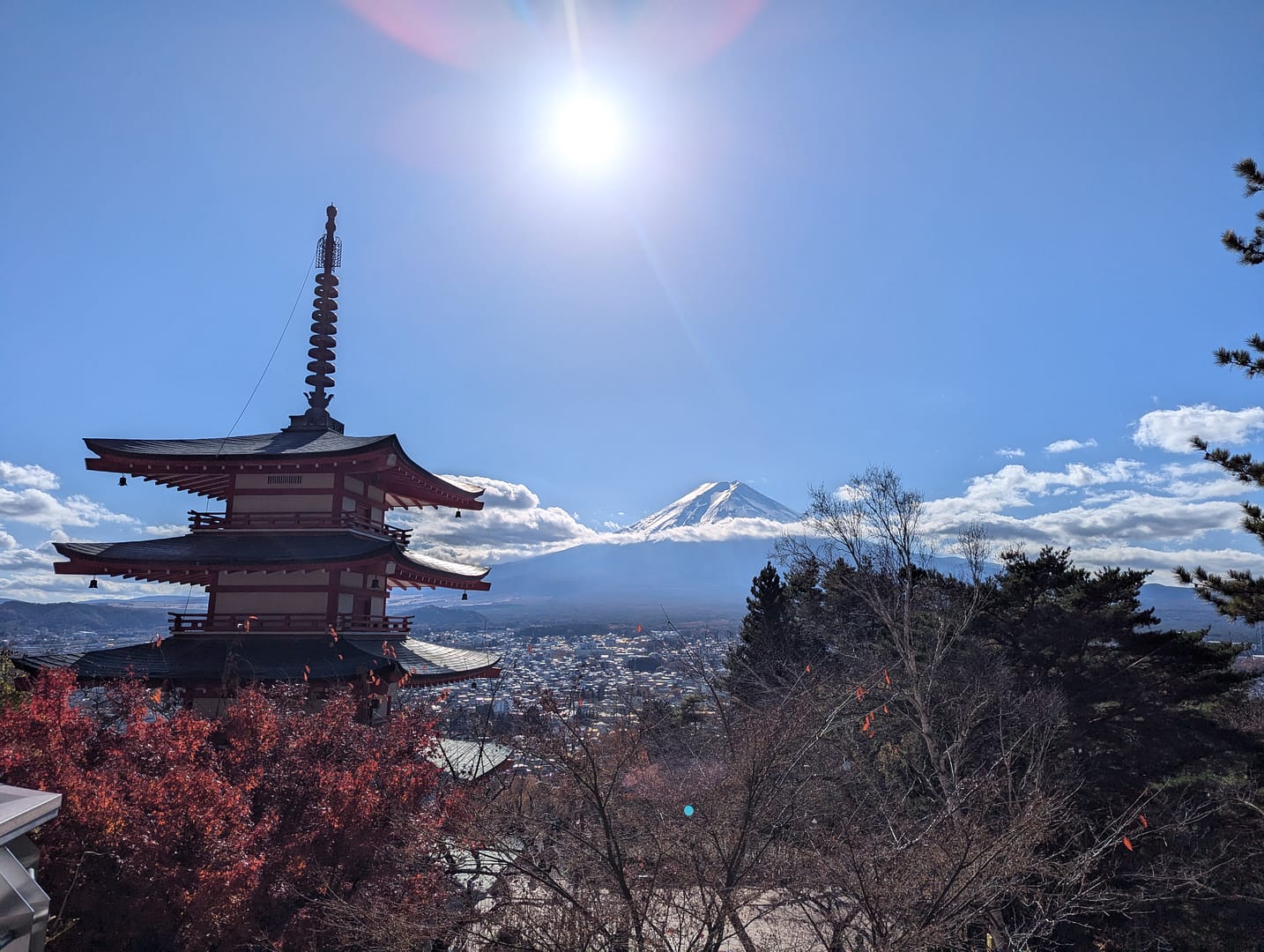Views over a pagoda overlooking Mt fuji