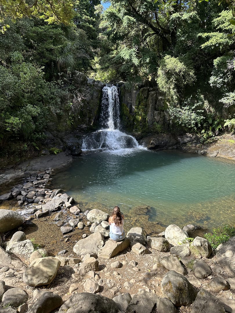 Scenic view overlooking a waterfall in New Zealand, featured on our travel blog to highlight our free guide with money-saving tips for exploring New Zealand